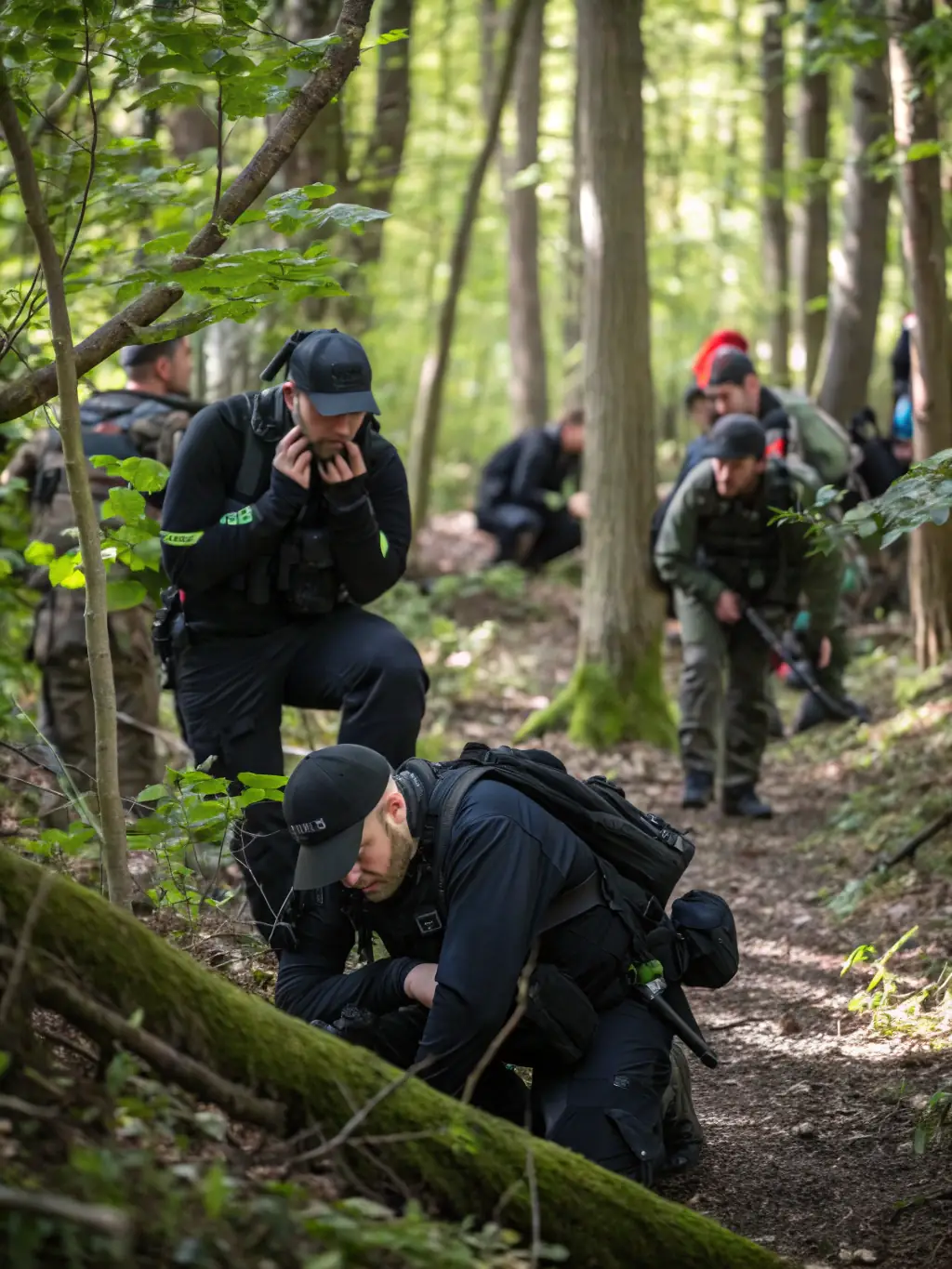 A photo of SCS members on patrol in the forest, equipped for anti-poaching activities.