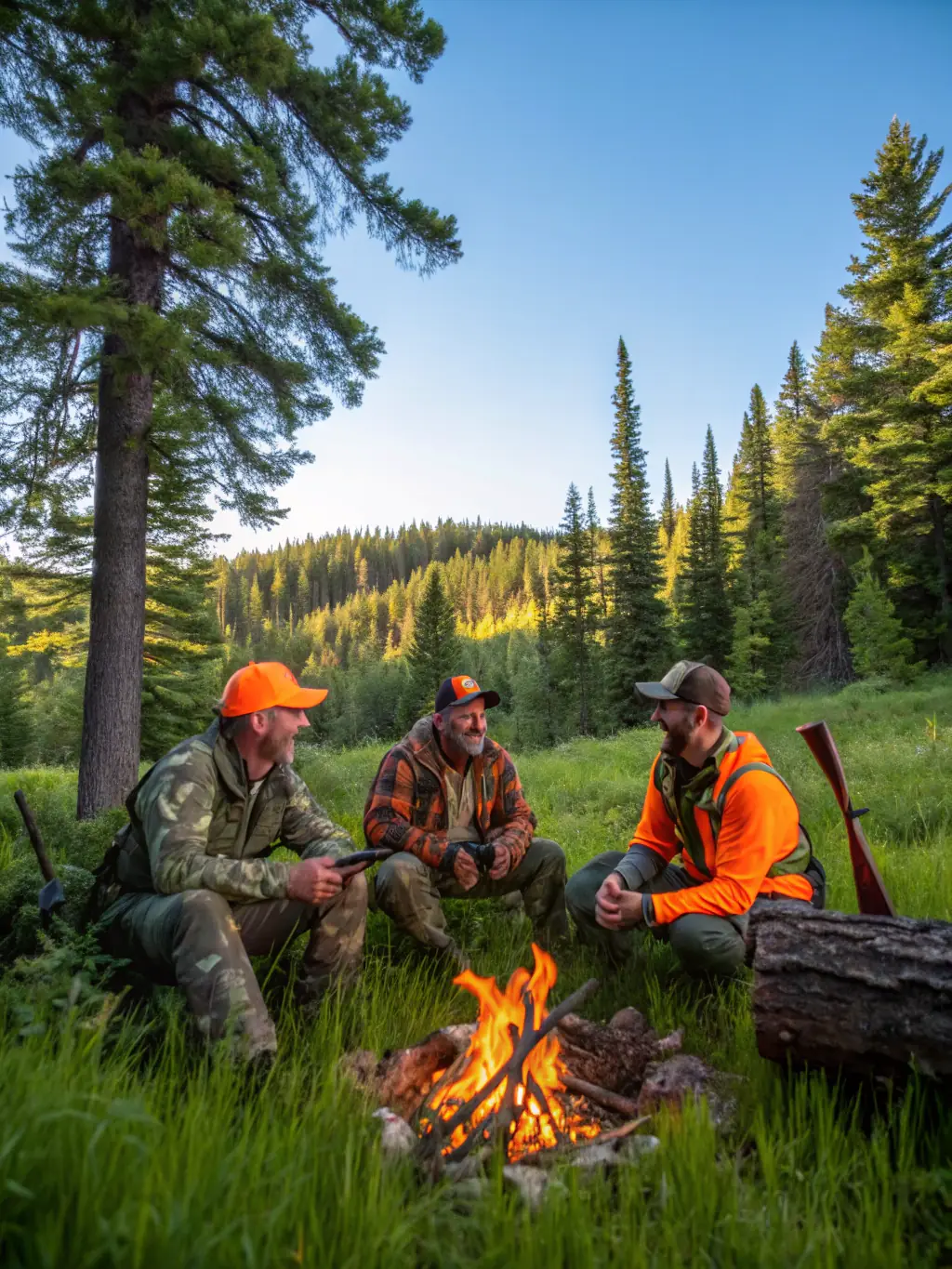 A group of hunters with guides in a scenic forest setting, equipped with safety gear and hunting equipment, participating in a guided hunting tour organized by SOCIETE DE CHASSE DE SAINS.