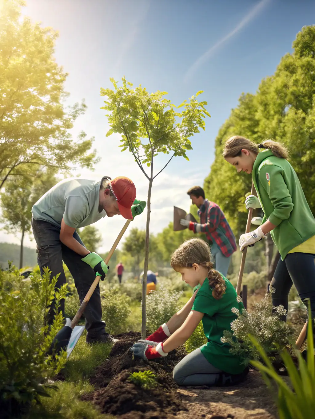 Conservationists planting trees and monitoring wildlife in a protected area, showcasing SOCIETE DE CHASSE DE SAINS's commitment to wildlife conservation programs.